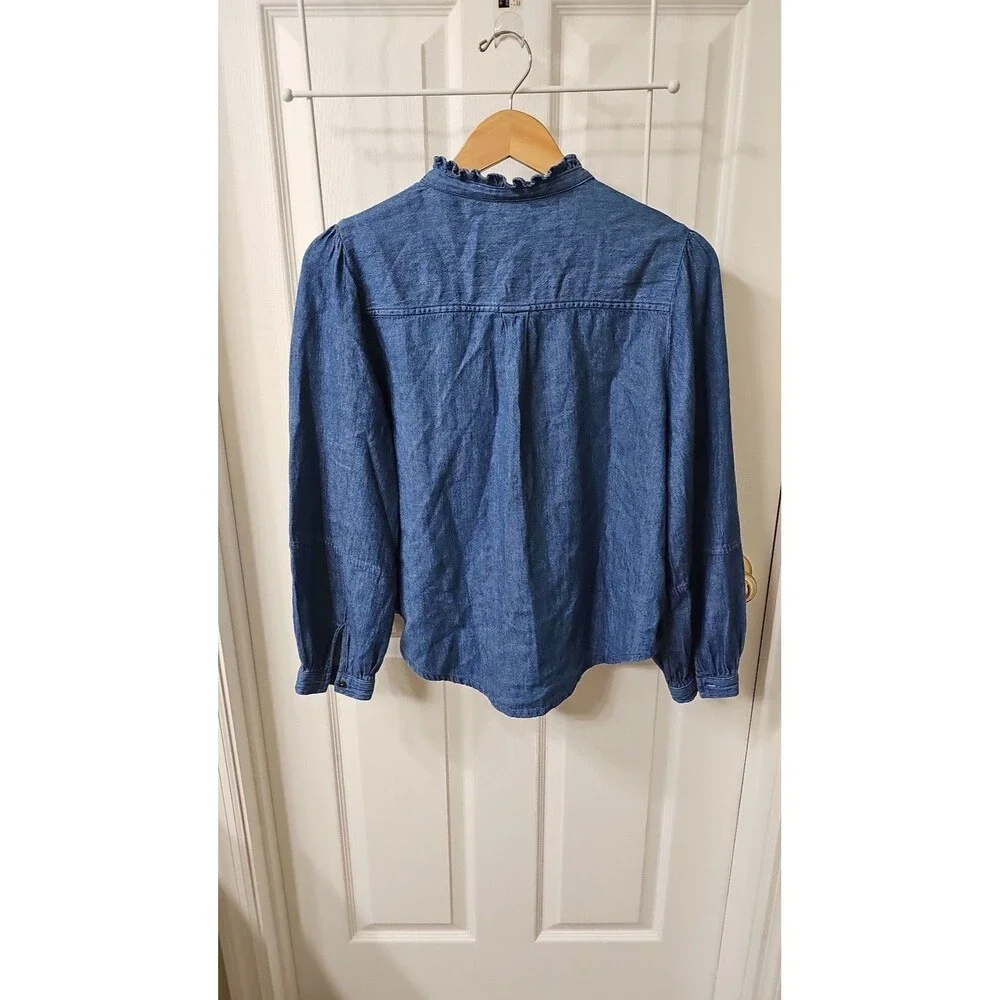 Old Navy Ruffle Collar Medium Wash Puff Sleeve Denim Chambray Blouse Size M